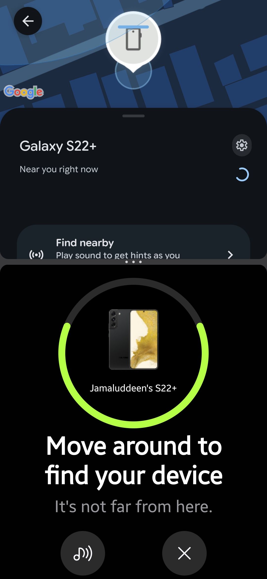 Split screen with Google Find Hub showing the Galaxy S22+ near you right now with a Find nearby option, and Samsung Find Search nearby asking you to move around to find the device