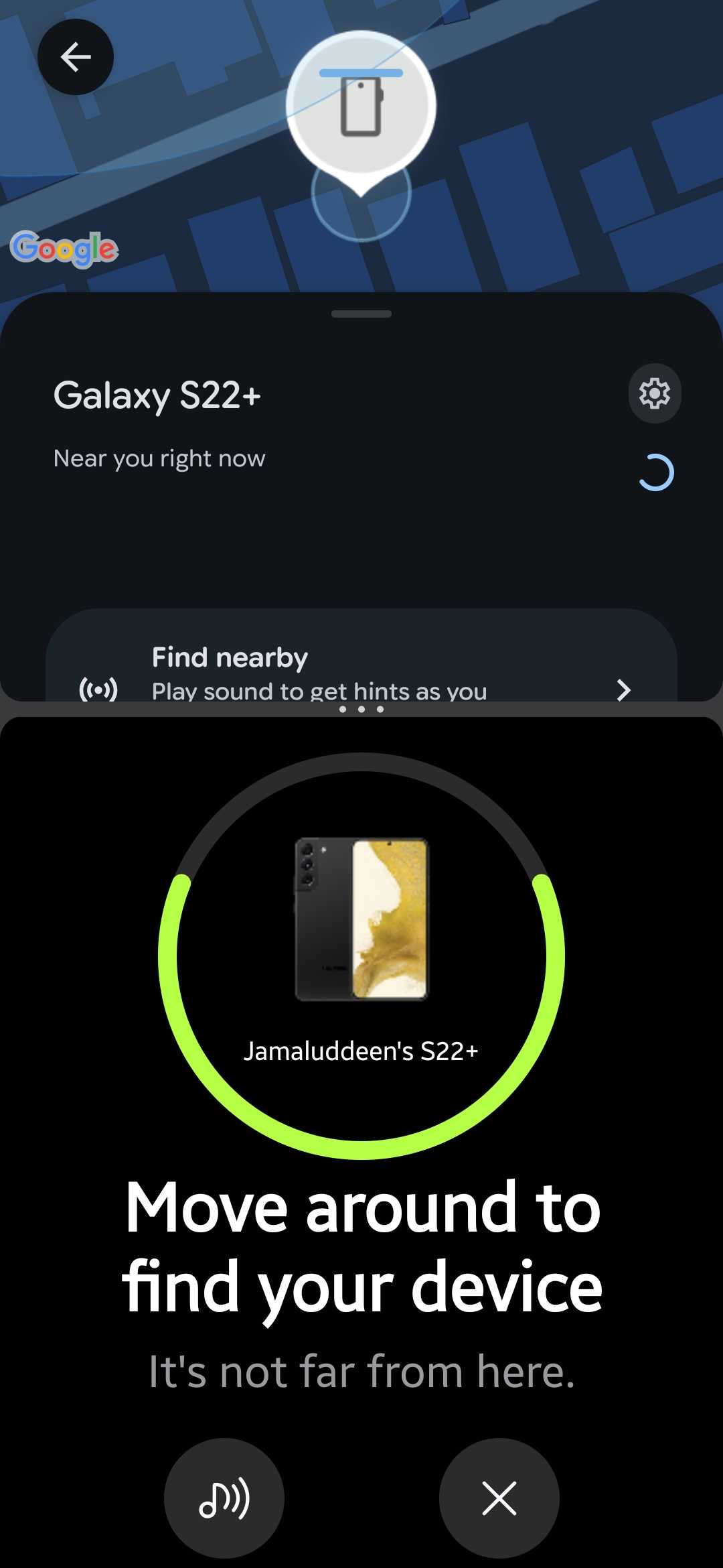 Split screen with Google Find Hub showing the Galaxy S22+ near you right now with a Find nearby option, and Samsung Find Search nearby asking you to move around to find the device