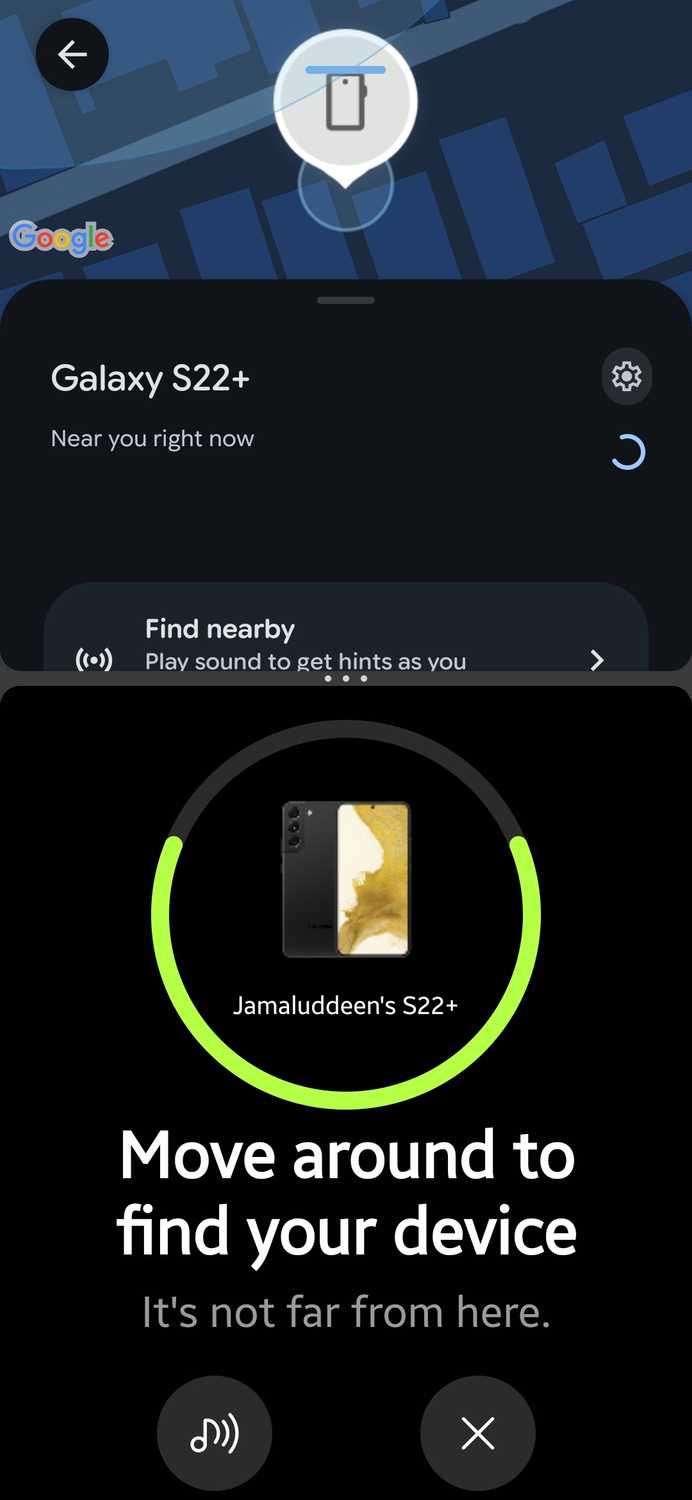 Split screen with Google Find Hub showing the Galaxy S22+ near you right now with a Find nearby option, and Samsung Find Search nearby asking you to move around to find the device