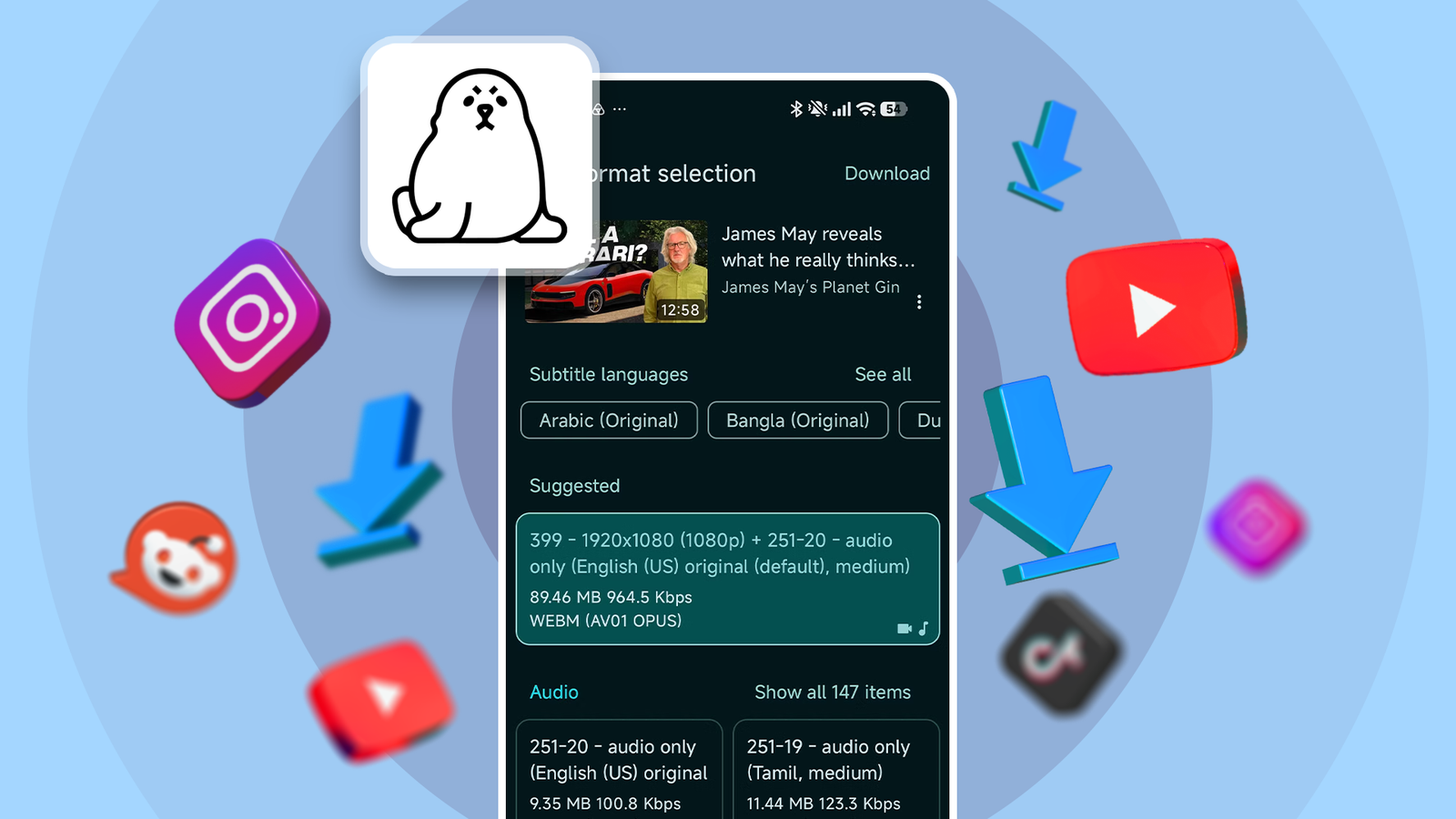 Seal video downloader app on an Android phone, surrounded by social media icons and download arrows.