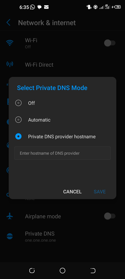 Seleziona il nome host del provider DNS privato
