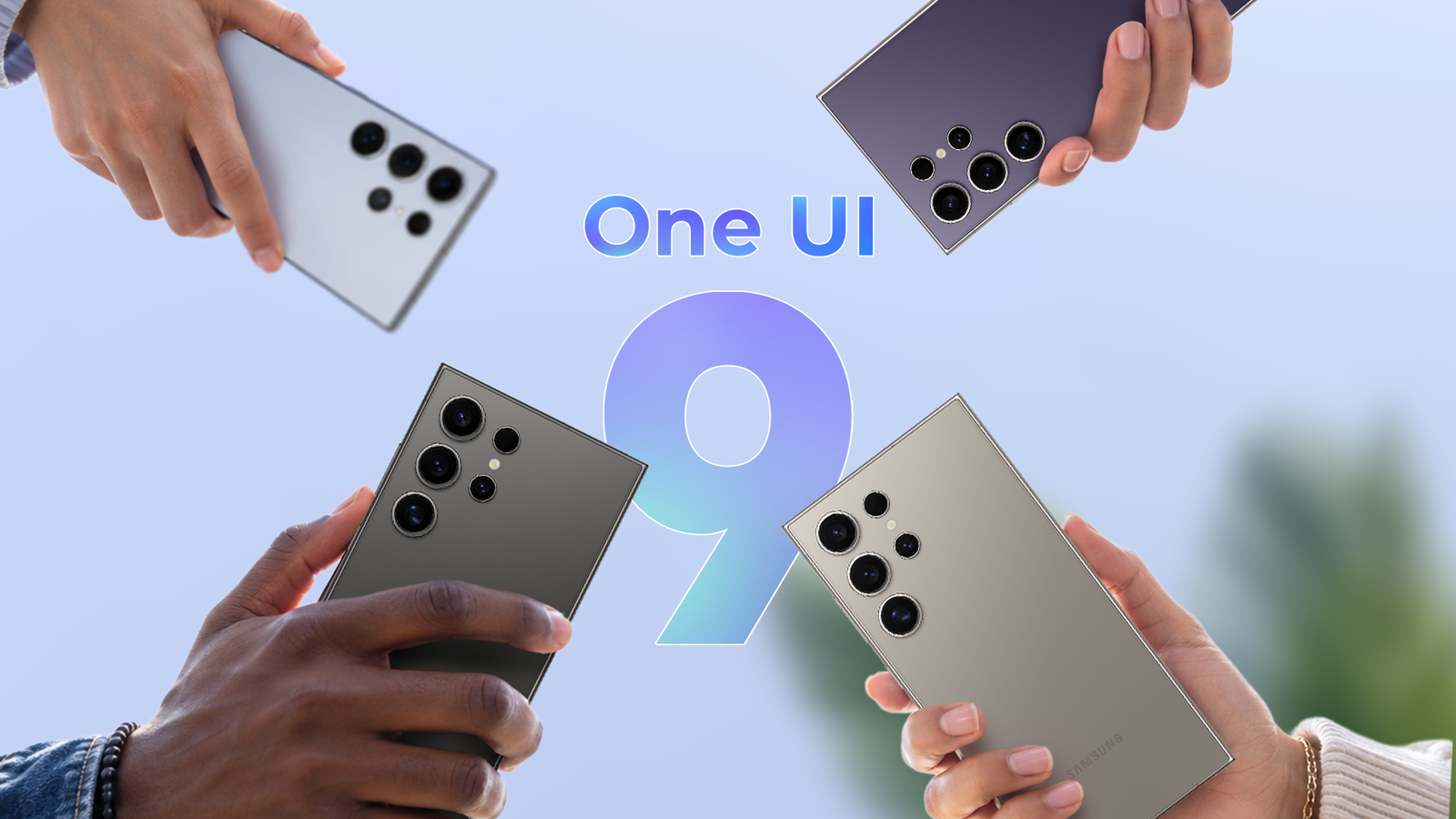 Several Samsung Galaxy S24 Ultra phones surrounding the One UI 9 logo.