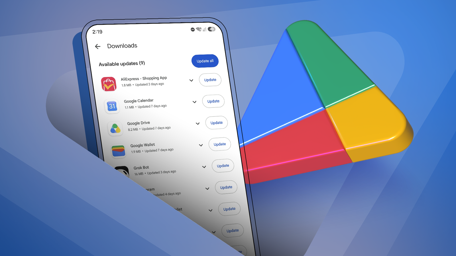 Smartphone displaying available Google Play Store app updates beside a large 3D Google Play logo.