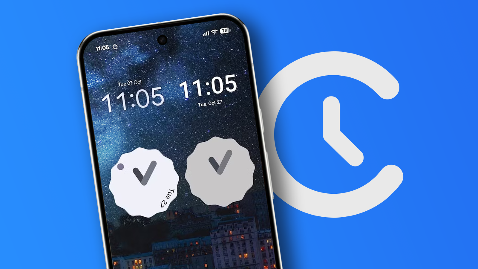 Smartphone displaying Chrono clock widgets, with a large Chrono app logo on a blue background.