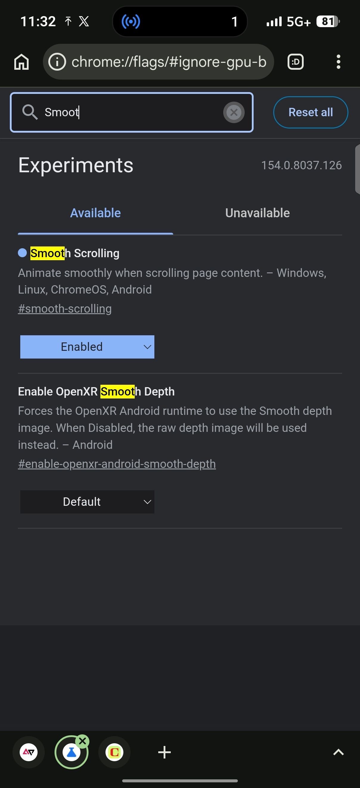 Chrome Experiments page showing Smooth Scrolling flag set to Enabled