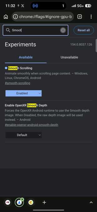 Chrome Experiments page showing Smooth Scrolling flag set to Enabled