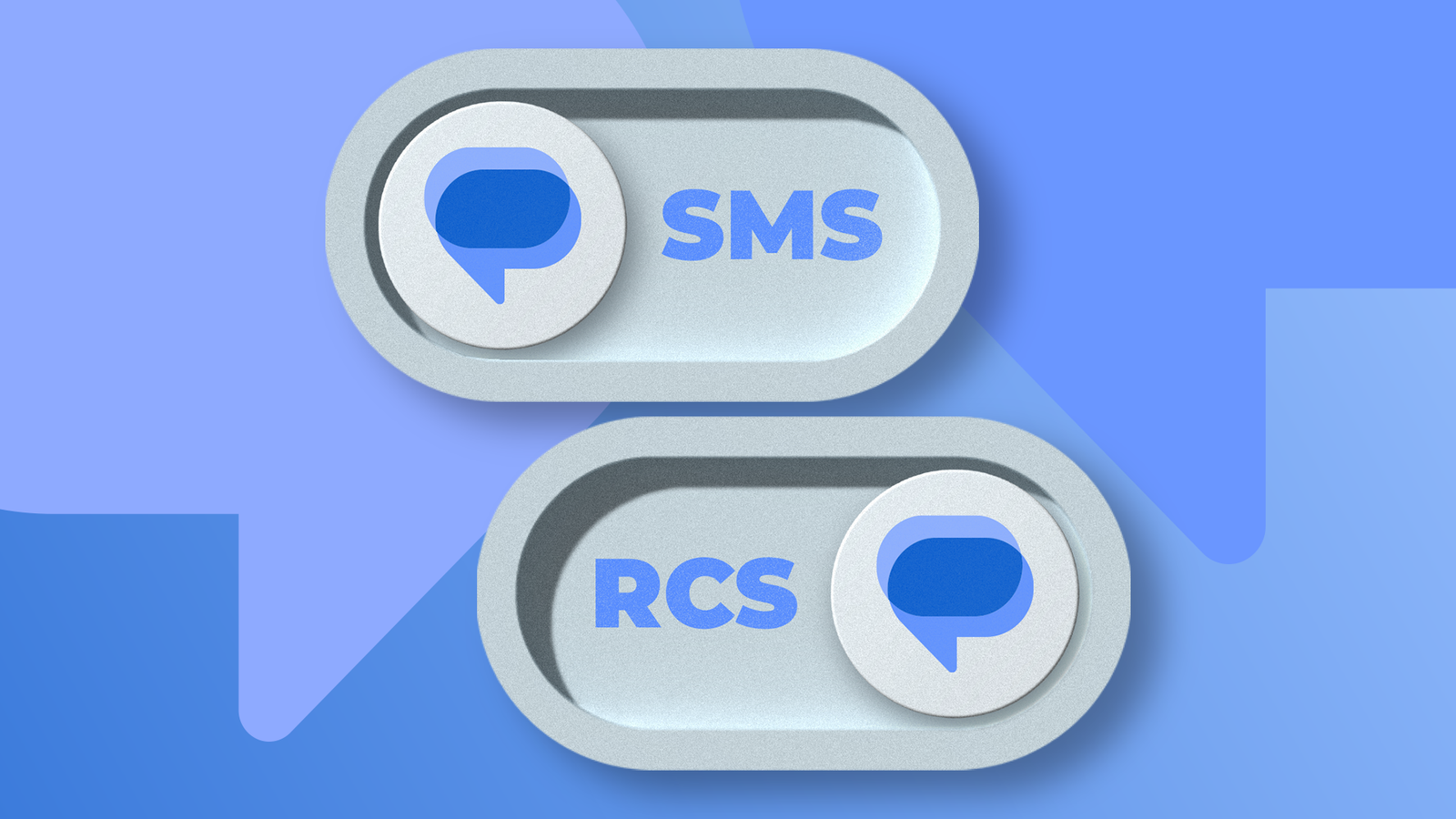 SMS and RCS toggle switches featuring the Google Messages icon on a blue background.