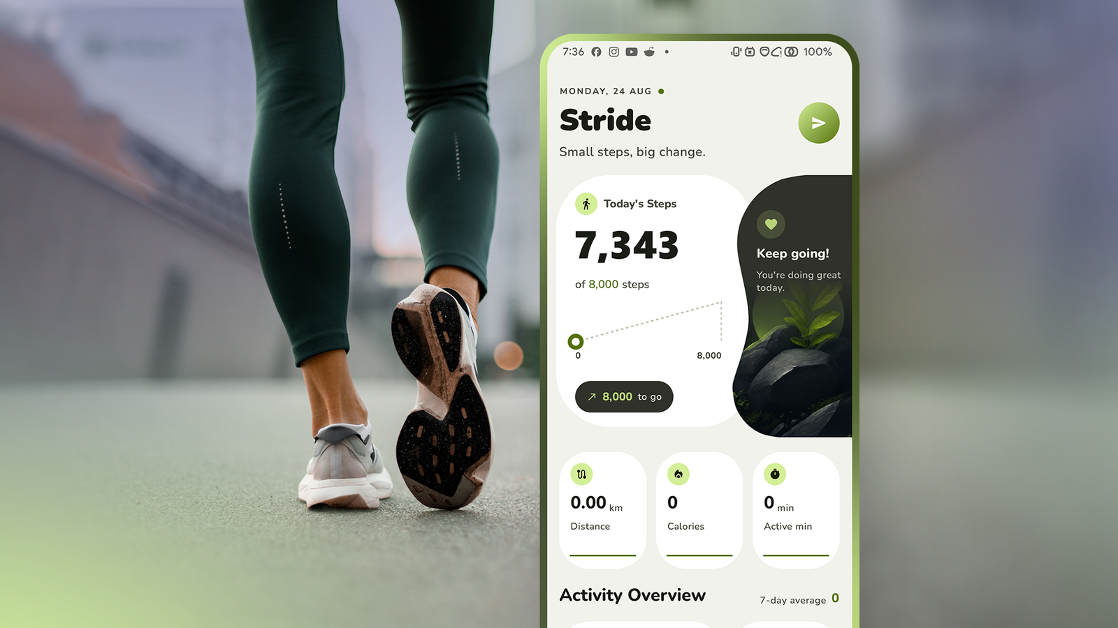 Stride step-tracking app shown beside a person walking.