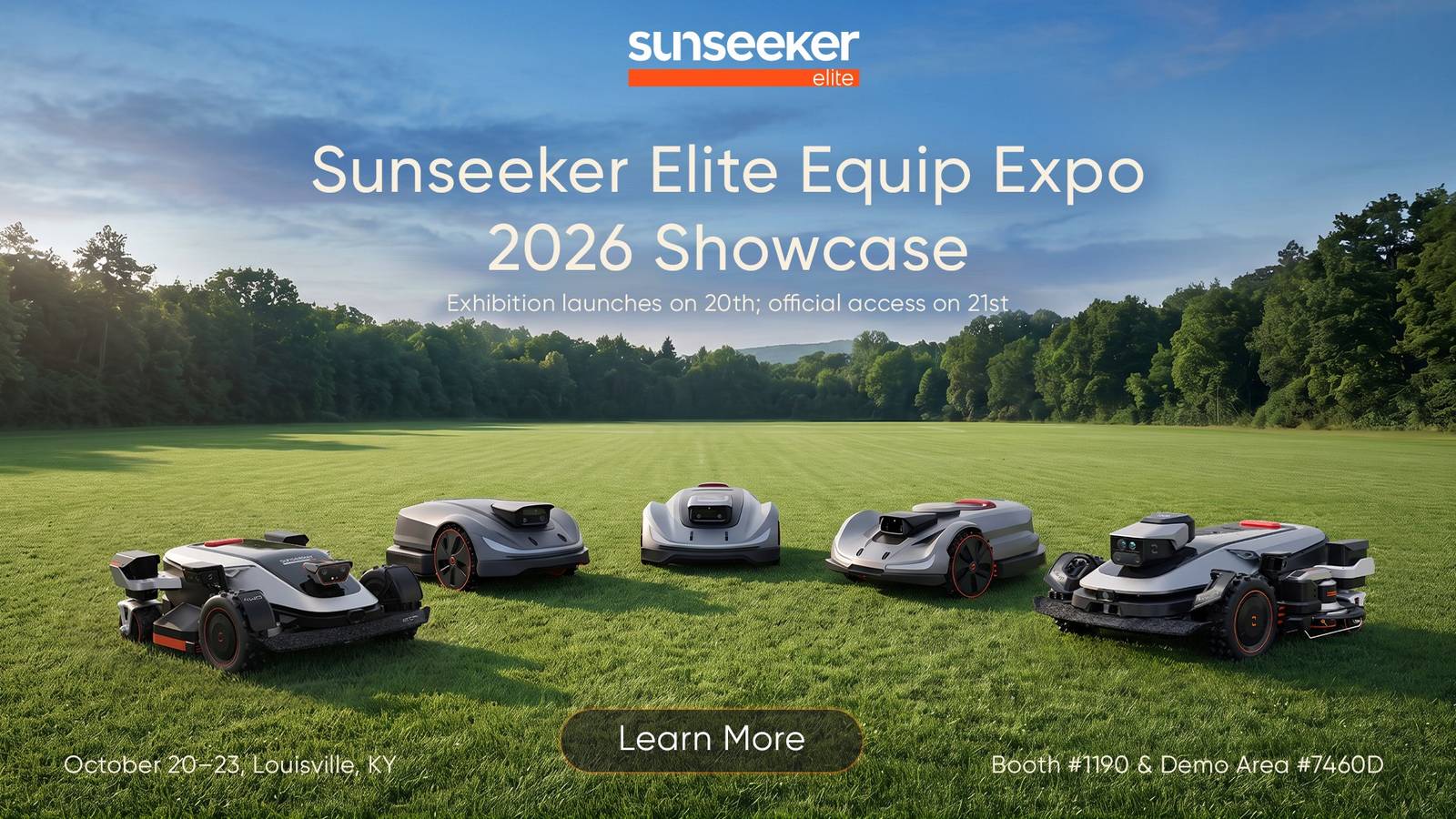 The Sunseeker Elite Equip Expo feature image; robotic mowers lined up on grass.