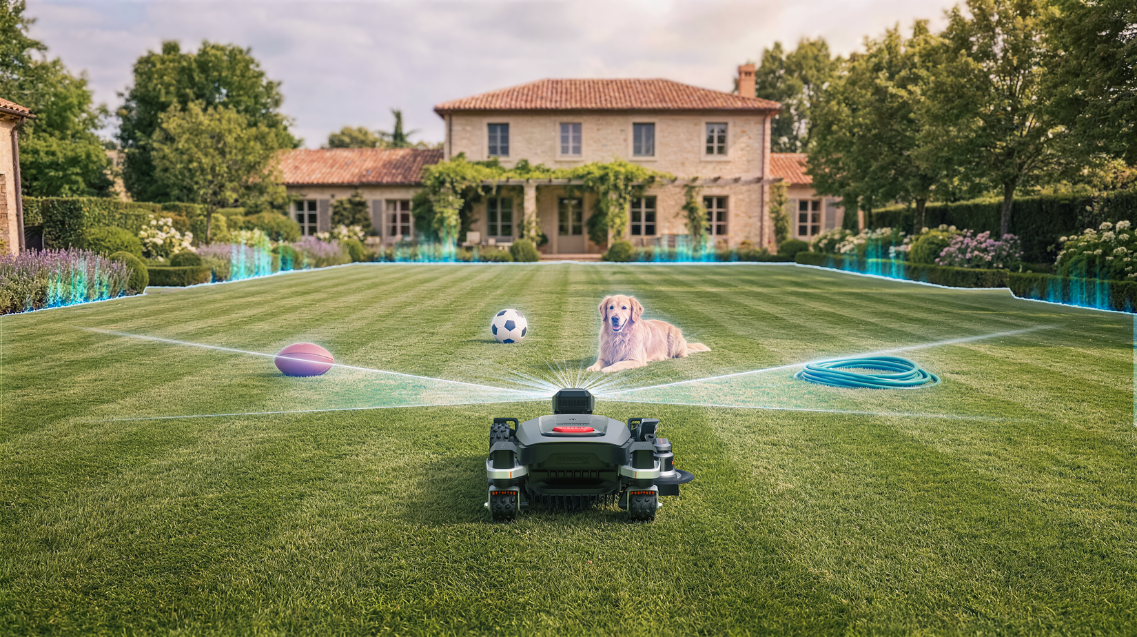 The Sunseeker X8 Plus navigating obstacles in a backyard.
