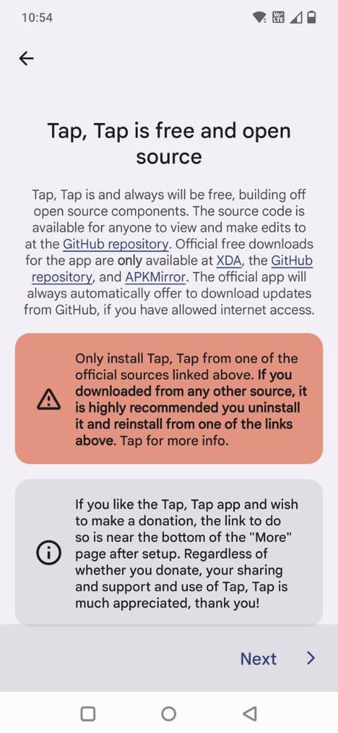 Screenshot showing the welcome screen in the Tap, Tap app