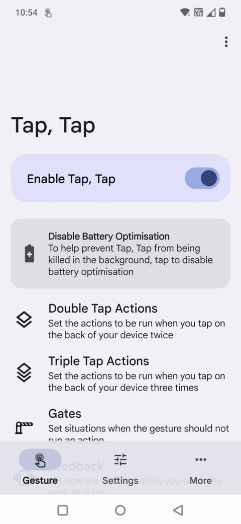 Screenshot showing the Tap, Tap app's Gesture section