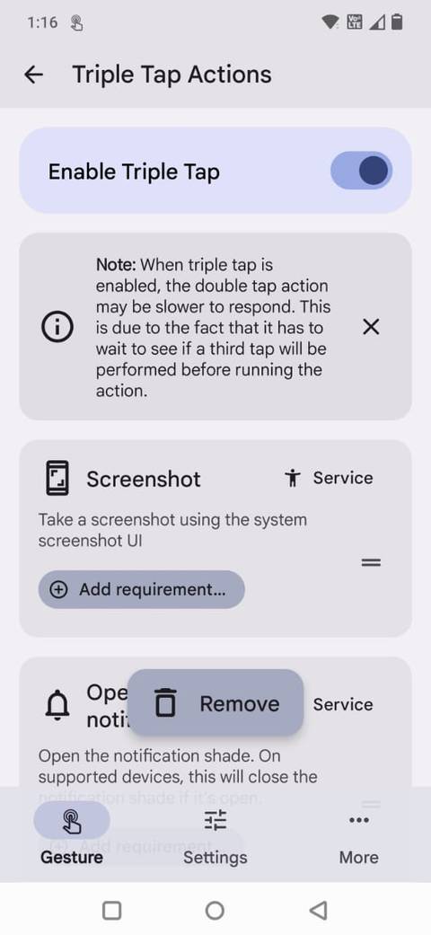 Screenshot showing the Tap, Tap app's Triple tap actions