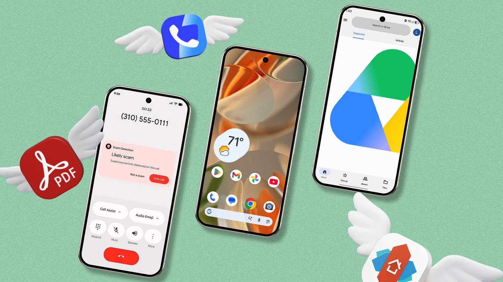 Three Android smartphones displaying Google apps, with floating winged app icons on a green background.