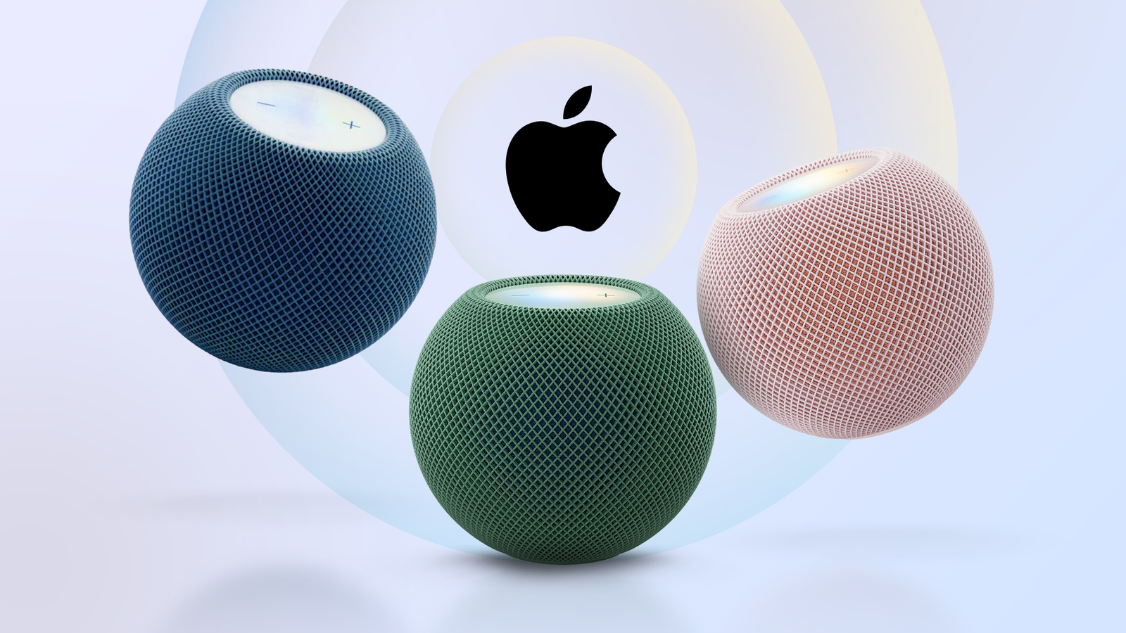 Three Apple HomePod mini 2, with the Apple logo on a light background.