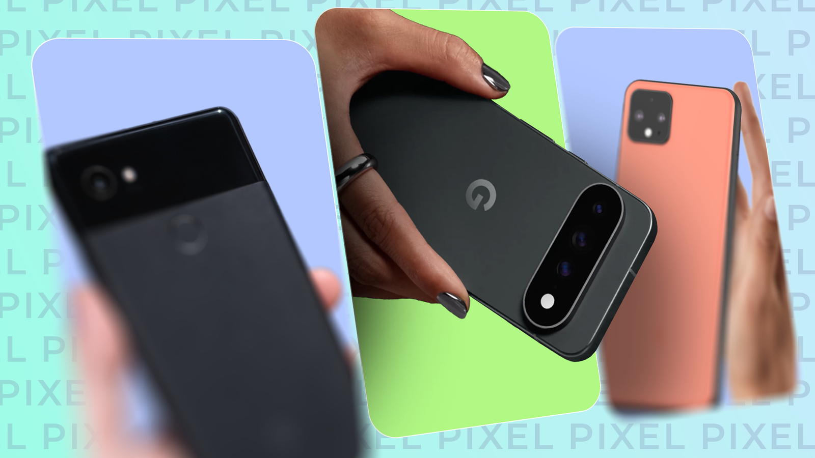 Three Google Pixel phones from different generations shown side by side.