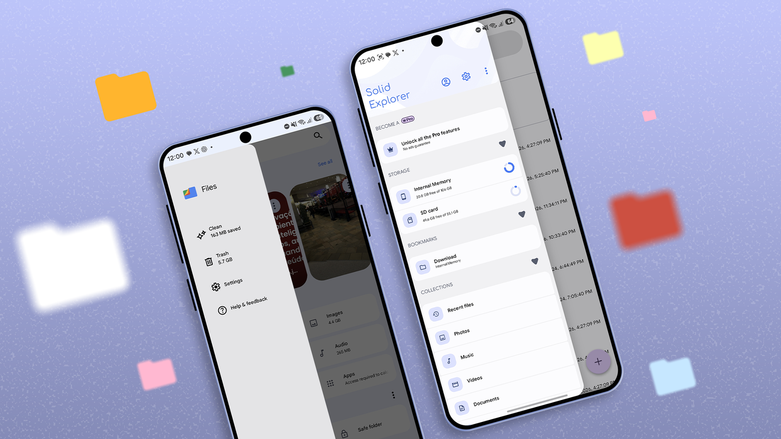 Two Android smartphones displaying Files by Google and Solid Explorer, with floating folder icons.