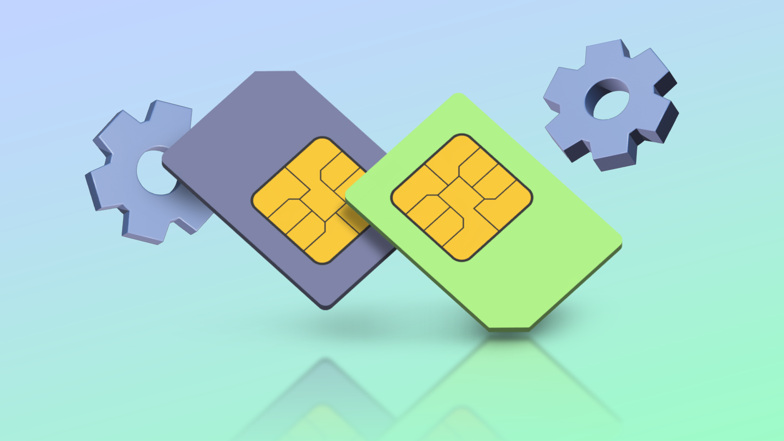 Two SIM cards floating between gear icons on a blue and green gradient background.