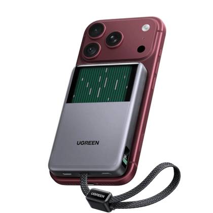 The UGREEN MagFlow Pro Qi2 power bank attached to an iPhone showing liquid cooling animation