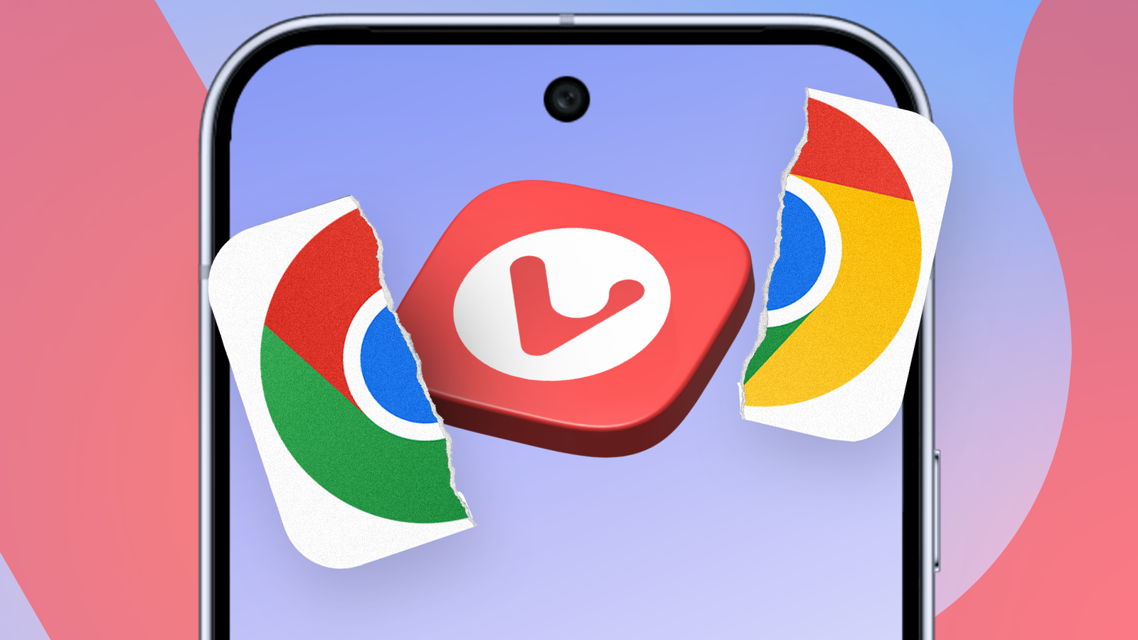 Vivaldi browser logo replacing a torn Chrome logo on an Android smartphone