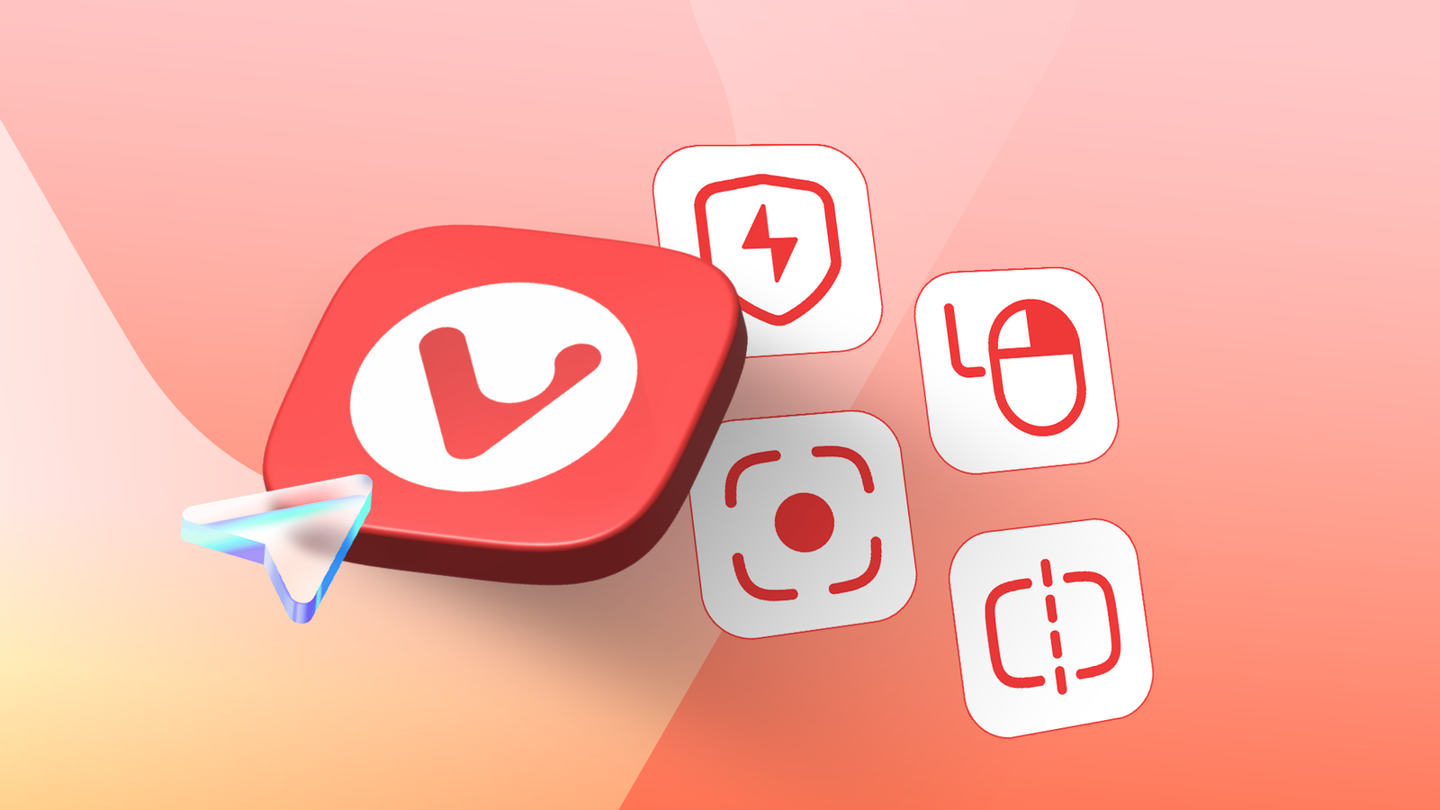 Vivaldi logo surrounded by built-in browser feature icons