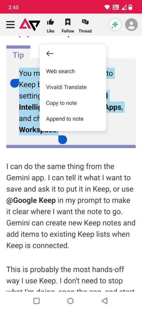 Screenshot che mostra come aggiungere una nota nell'app Vivaldi