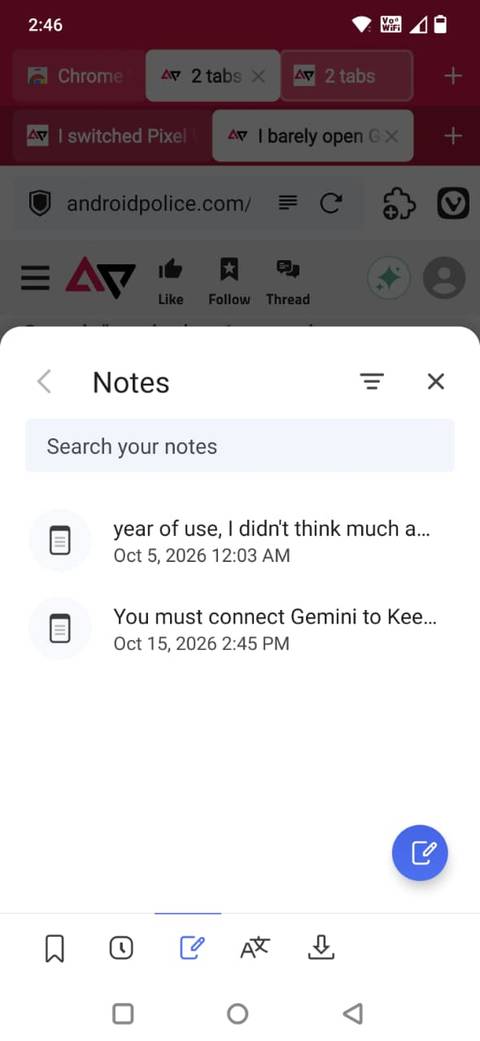 Screenshot che mostra come visualizzare le note nell'app Vivaldi