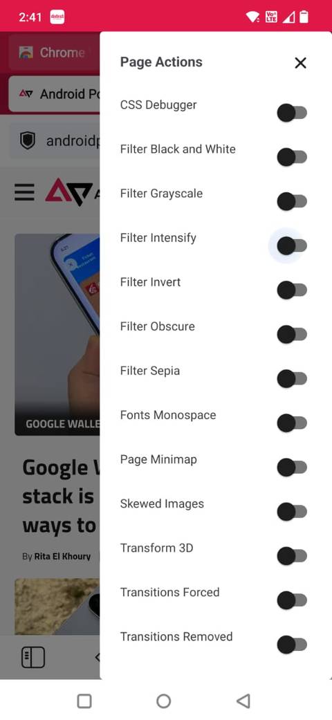 Schermata che mostra le azioni di Pagee nell'app Vivaldi