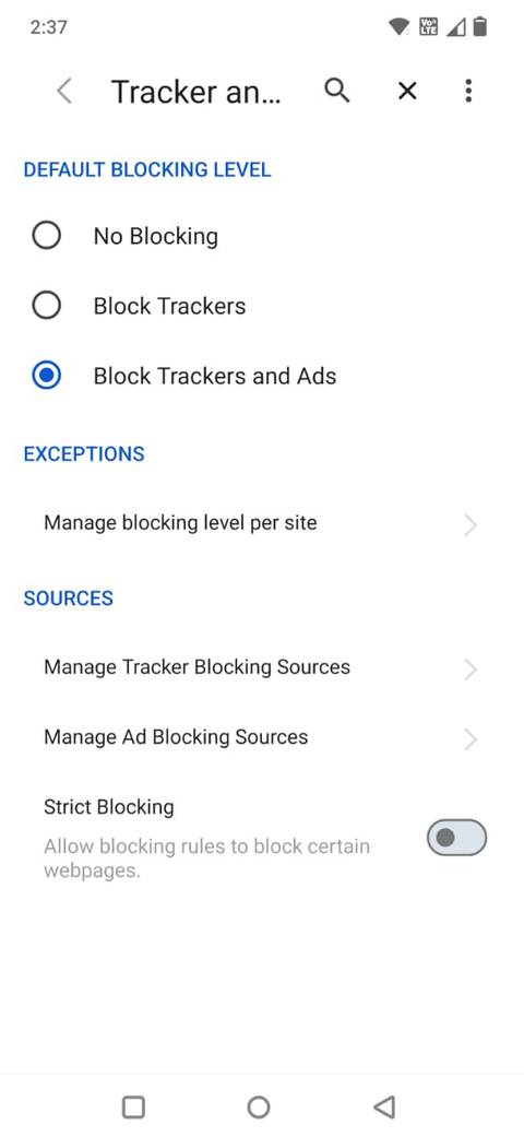 Schermata che mostra le opzioni sulla privacy nell'app Vivaldi