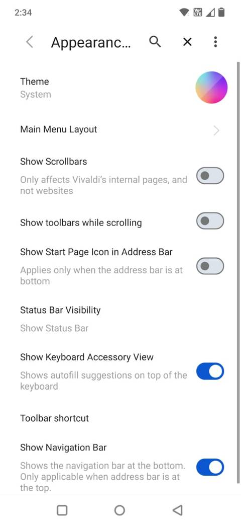 Schermata che mostra le impostazioni di Aspetto nell'app Vivaldi
