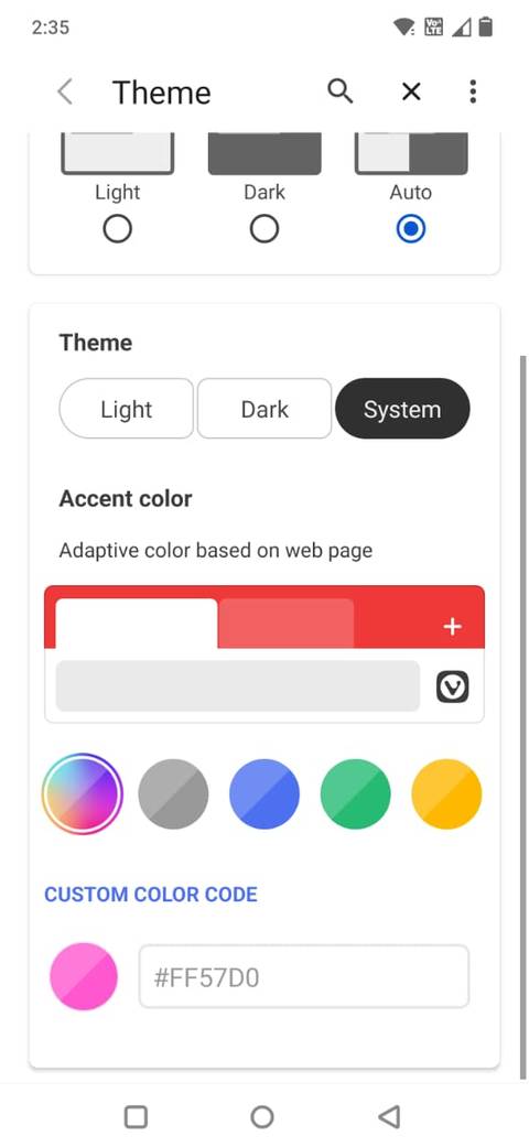 Screenshot che mostra le impostazioni del tema nell'app Vivaldi