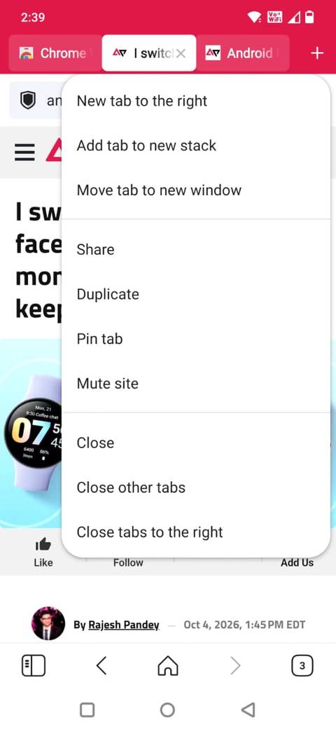 Screenshot che mostra come aggiungere pile di schede nell'app Vivaldi