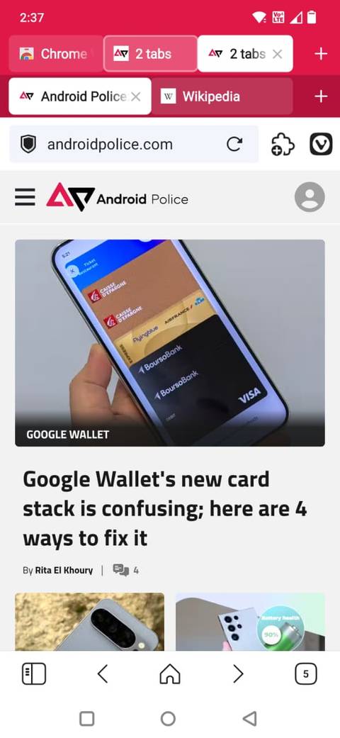 Screenshot che mostra le pile di schede nell'app Vivaldi