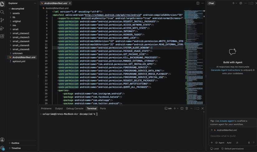 Decompiled Android Manifest XML file showing sensitive app permissions on VS Code