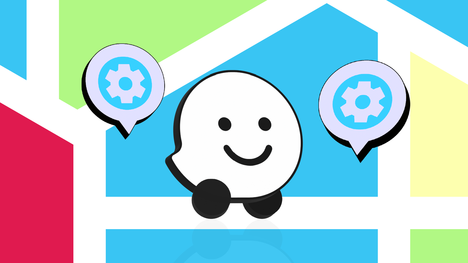 Waze logo surrounded by two settings icons on a colorful geometric background.