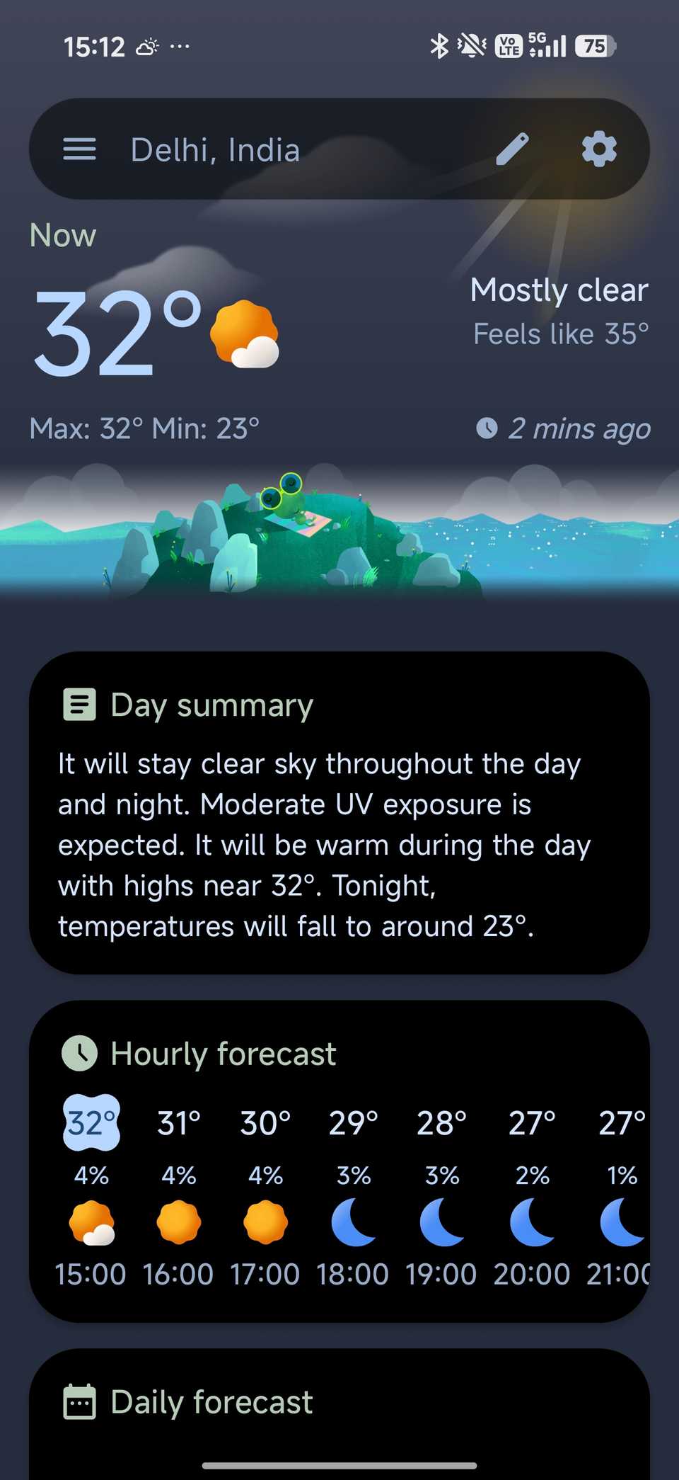 Weather Master home page showing forecast and summary using AMOLED theme
