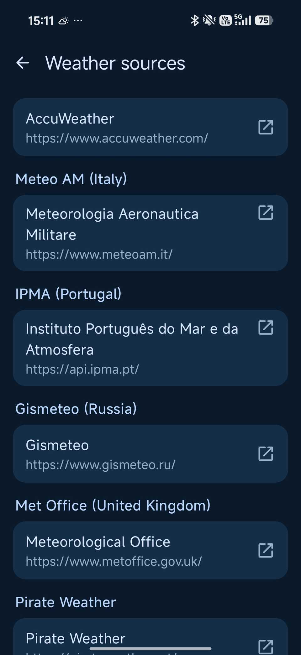Weather Master showing various sources it uses for forecast and data