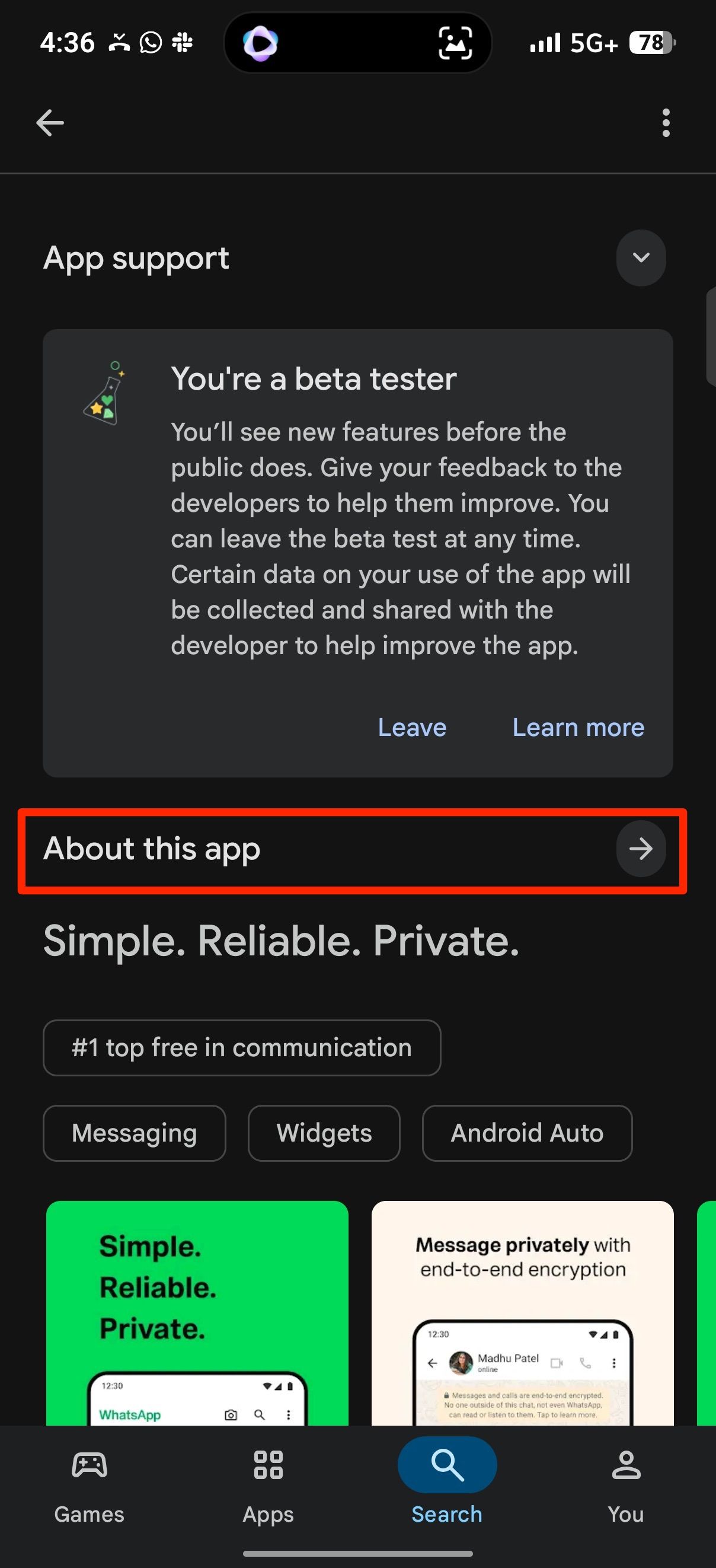 Red box highlighting the About this app option on Google Play Store listing