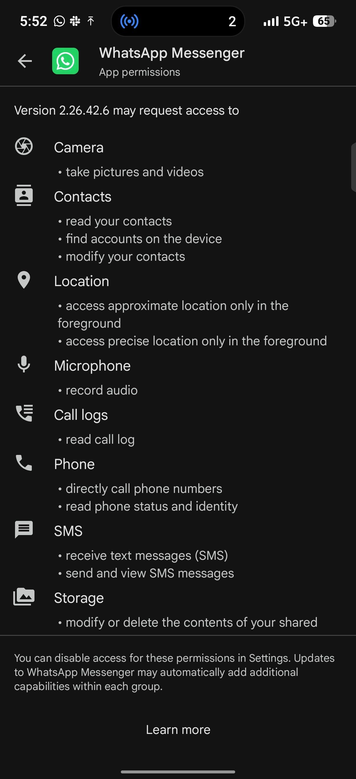 Google Play Store details page listing permissions requested by WhatsApp Messenger
