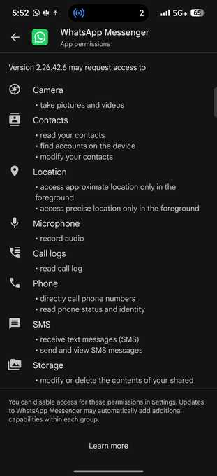 Google Play Store details page listing permissions requested by WhatsApp Messenger