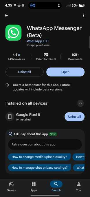 Google Play Store displays WhatsApp Messenger Beta listing with installation options