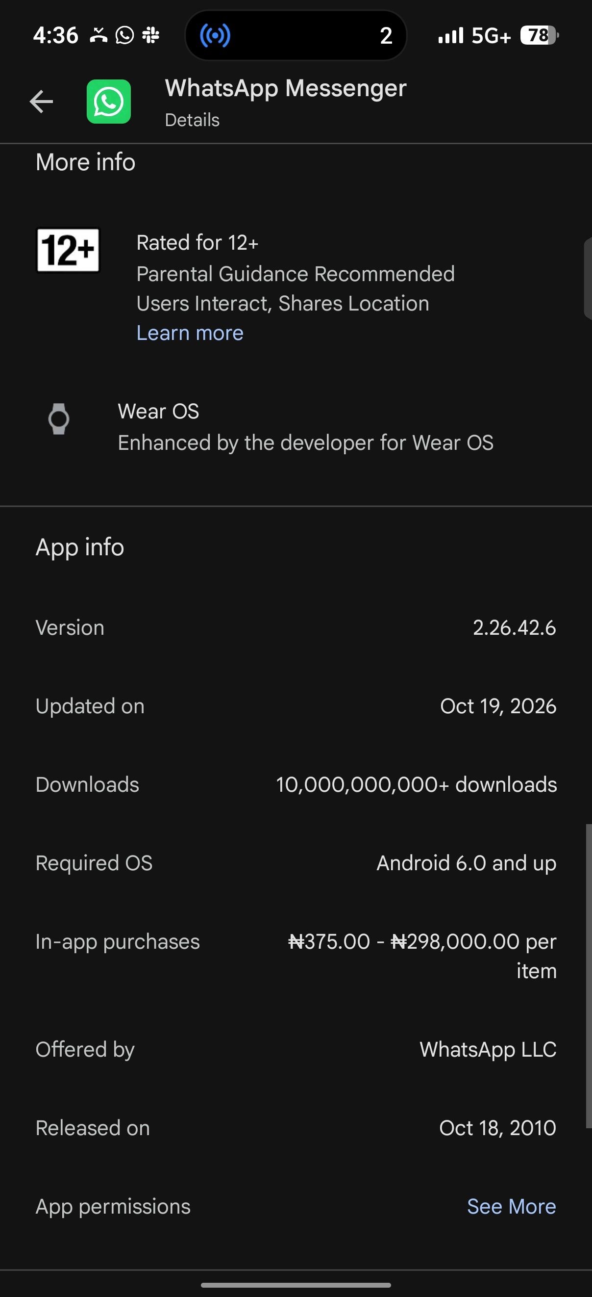 Google Play Store displays WhatsApp Messenger app info page with version and OS requirements
