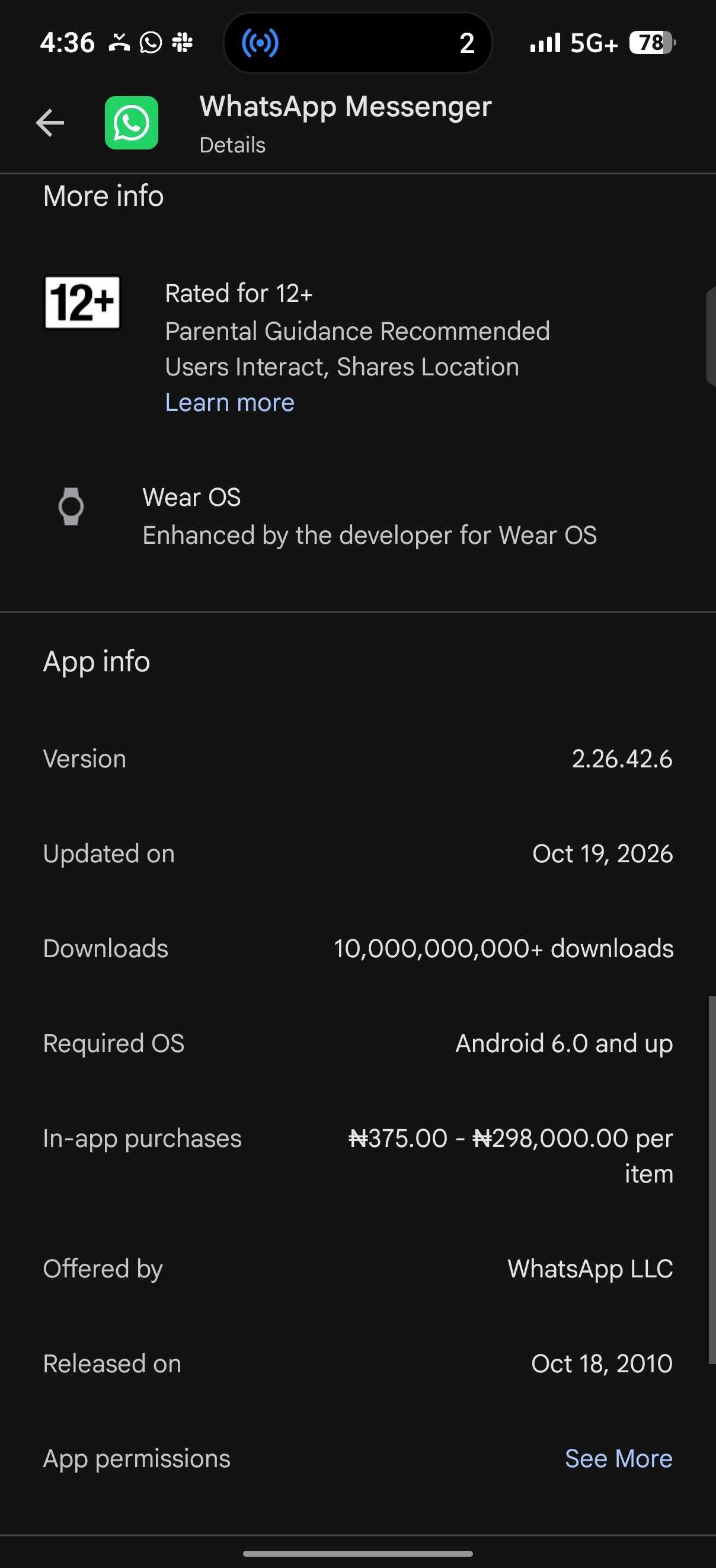 Google Play Store displays WhatsApp Messenger app info page with version and OS requirements