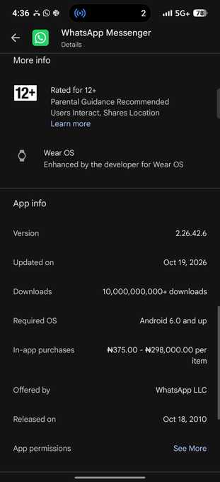 Google Play Store displays WhatsApp Messenger app info page with version and OS requirements