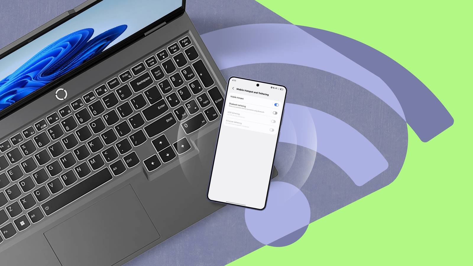 A Windows laptop and a Samsung phone displaying hotspot settings, with a large Wi-Fi symbol in the background.