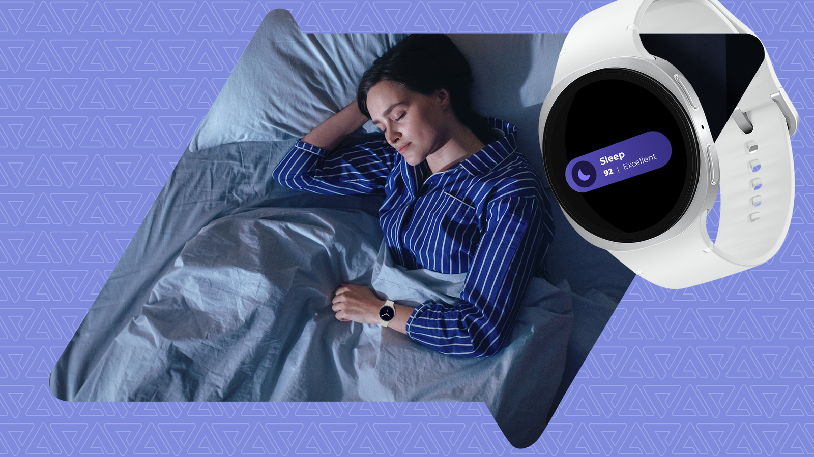 Woman sleeping while wearing a smartwatch, with an enlarged Samsung Galaxy Watch 8 displaying a sleep score.