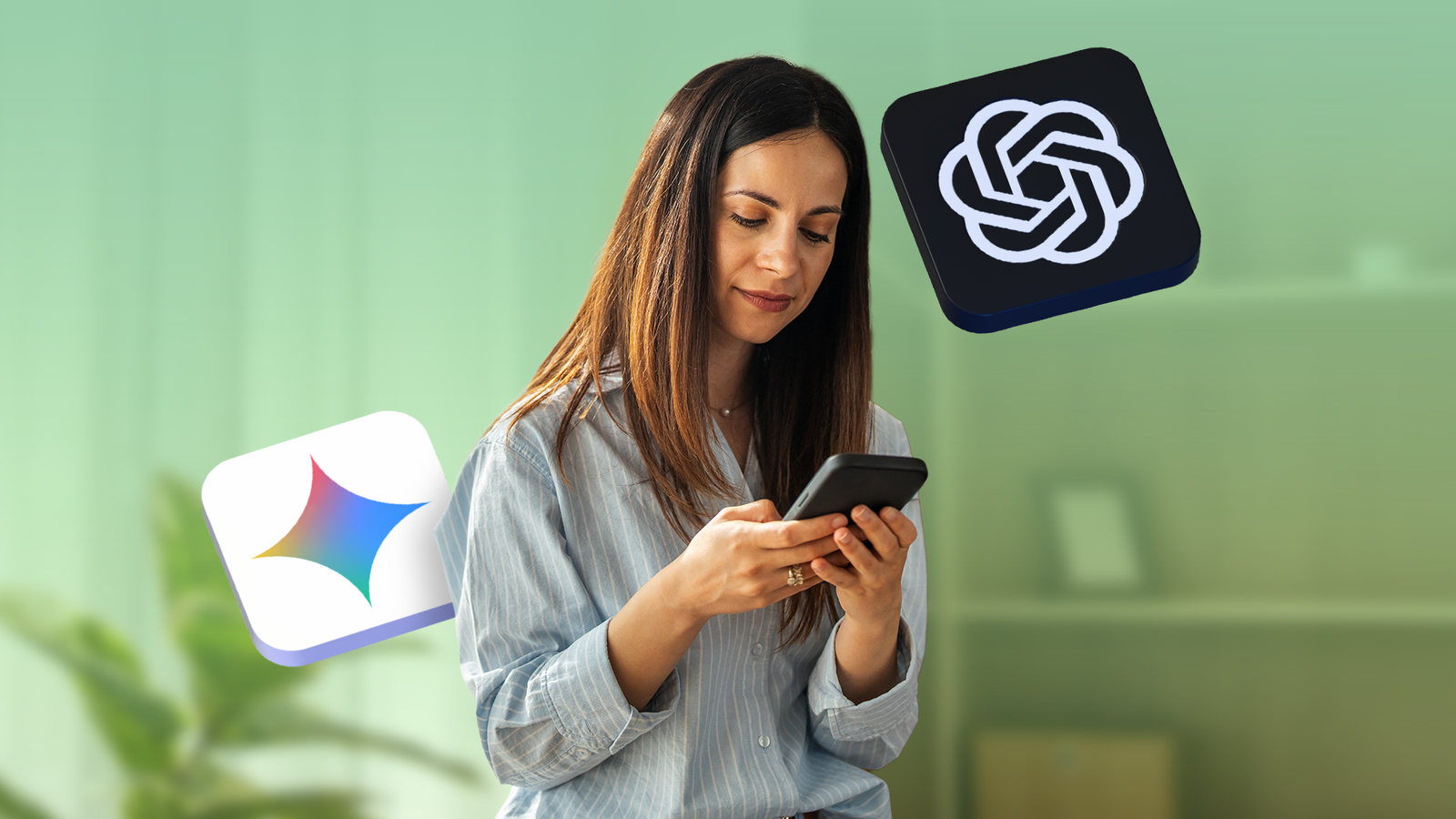 Woman using a smartphone with ChatGPT and Gemini logos floating beside her.