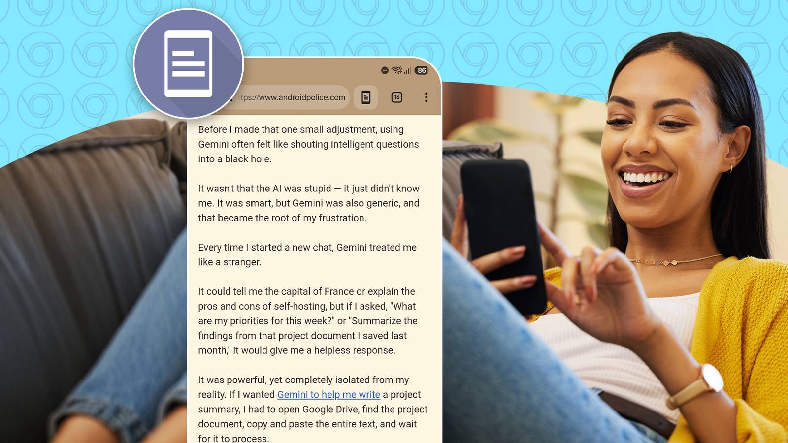 Woman using Chrome Reading Mode on a smartphone.