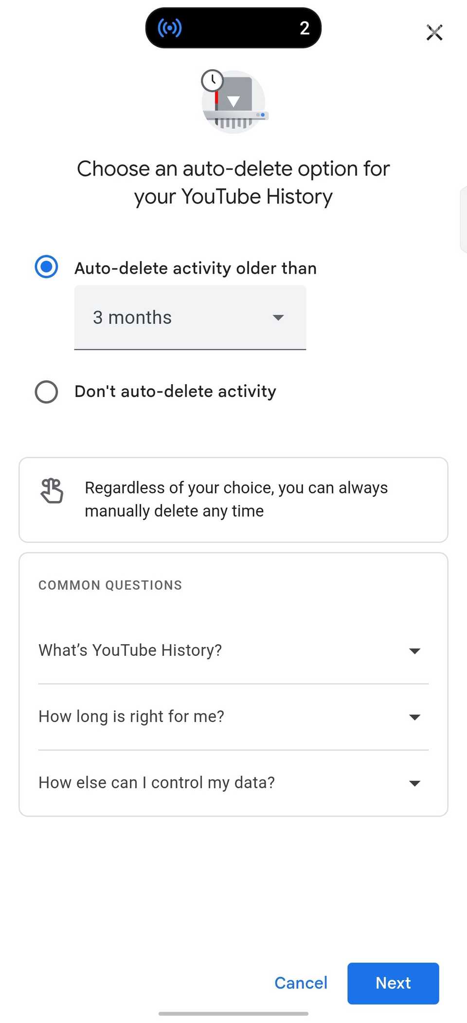 YouTube History settings page displays auto-delete option set to three months