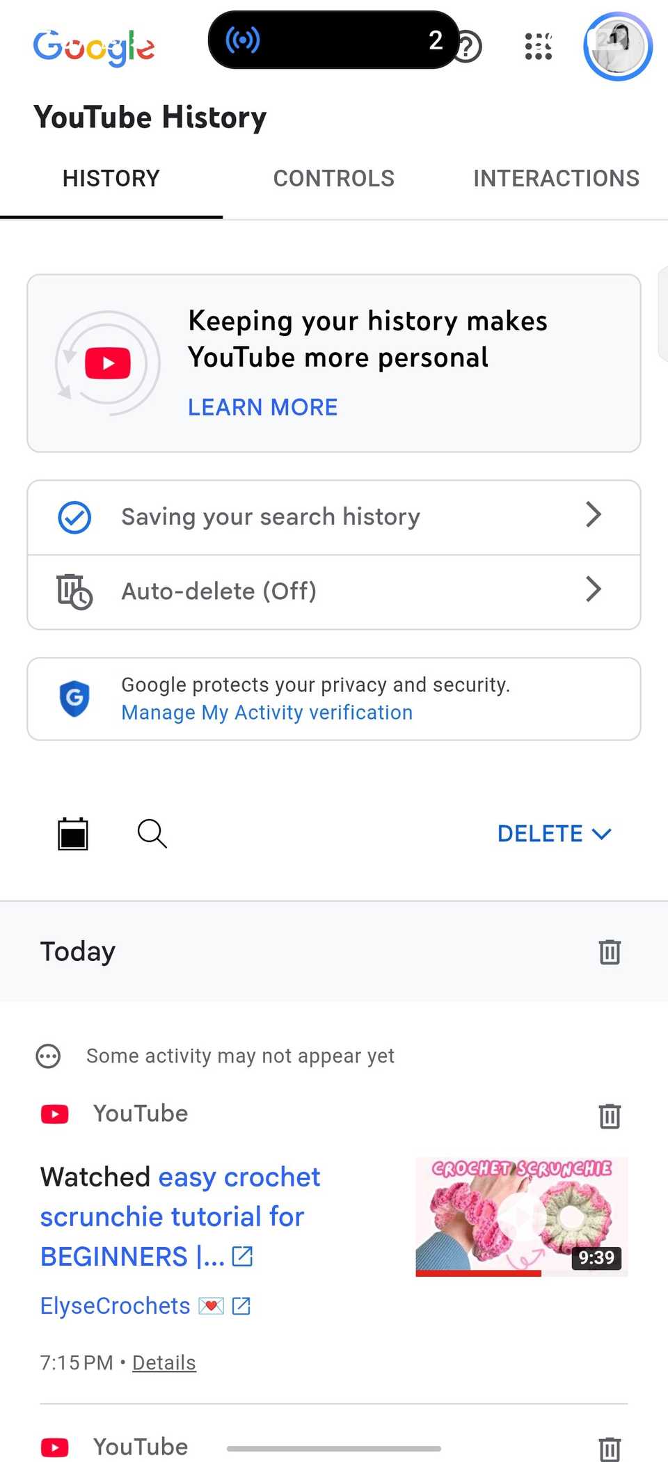 Google My Activity page displays YouTube History controls and recent watch activity
